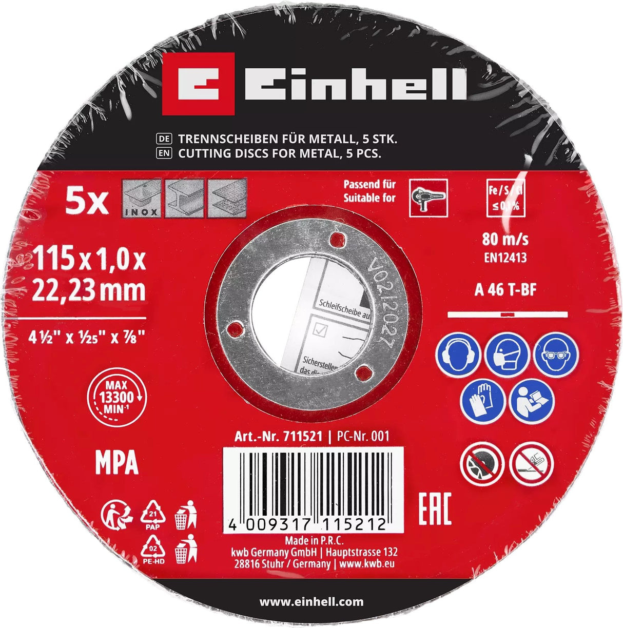 Disco De Corte Fino Einhell, Ø 115 X 1,0 Mm, 5 Piezas Para Amoladoras Angulares 711521