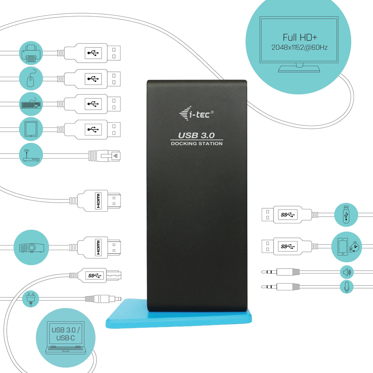 I-Tec Usb 3.0/Usb-C Dual Hdmi Docking Station 2x Hdmi 1x Glan 2x Usb 3.0 4x Usb 2.0 1x Audio 1x Mic Usb 3.0 Kabel With Usb-C Adapter