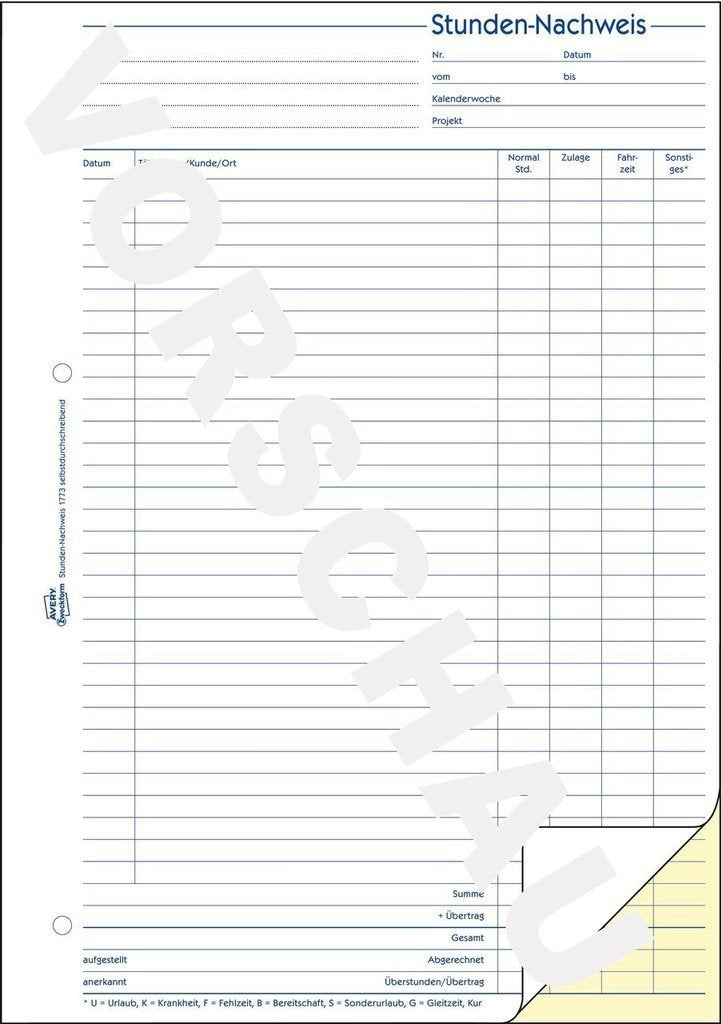 Avery Zweckform Formular Para Stundenerfassung - 40 Hoja - A4 (210 X 297 Mm)