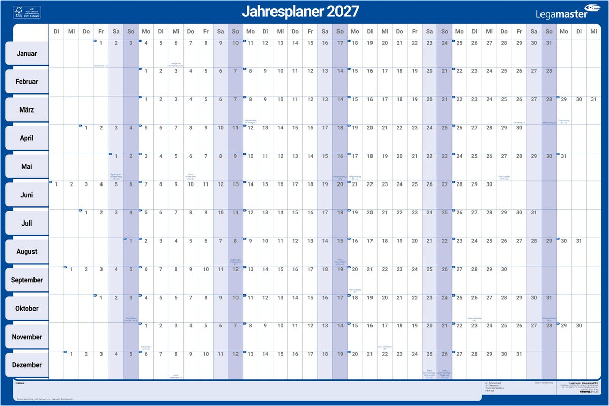 Legamaster Jahresplaner, Tageseinteilung 90,0 X 60,0 Cm