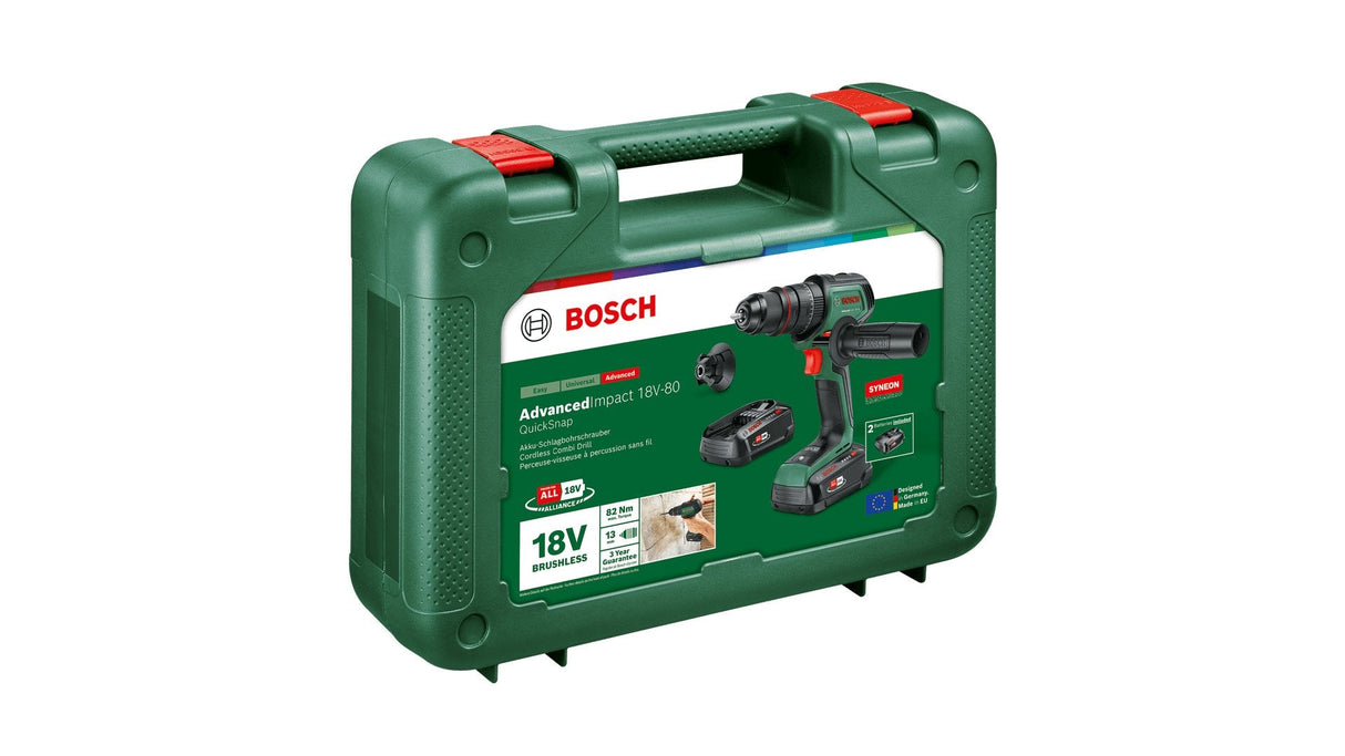 Bosch  Taladro Combinado A Batería Advancedimpact 18v-80 Quicksnap Verde/Negro, 2x Batería Li-Ion 2,5ah, Maletín, Power For All Alliance 06039e2102