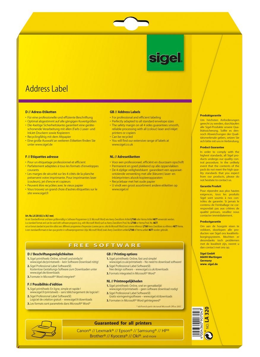 Sigel Etiquetas De Dirección La320 Blanco 63,5 X 38,1 Mm