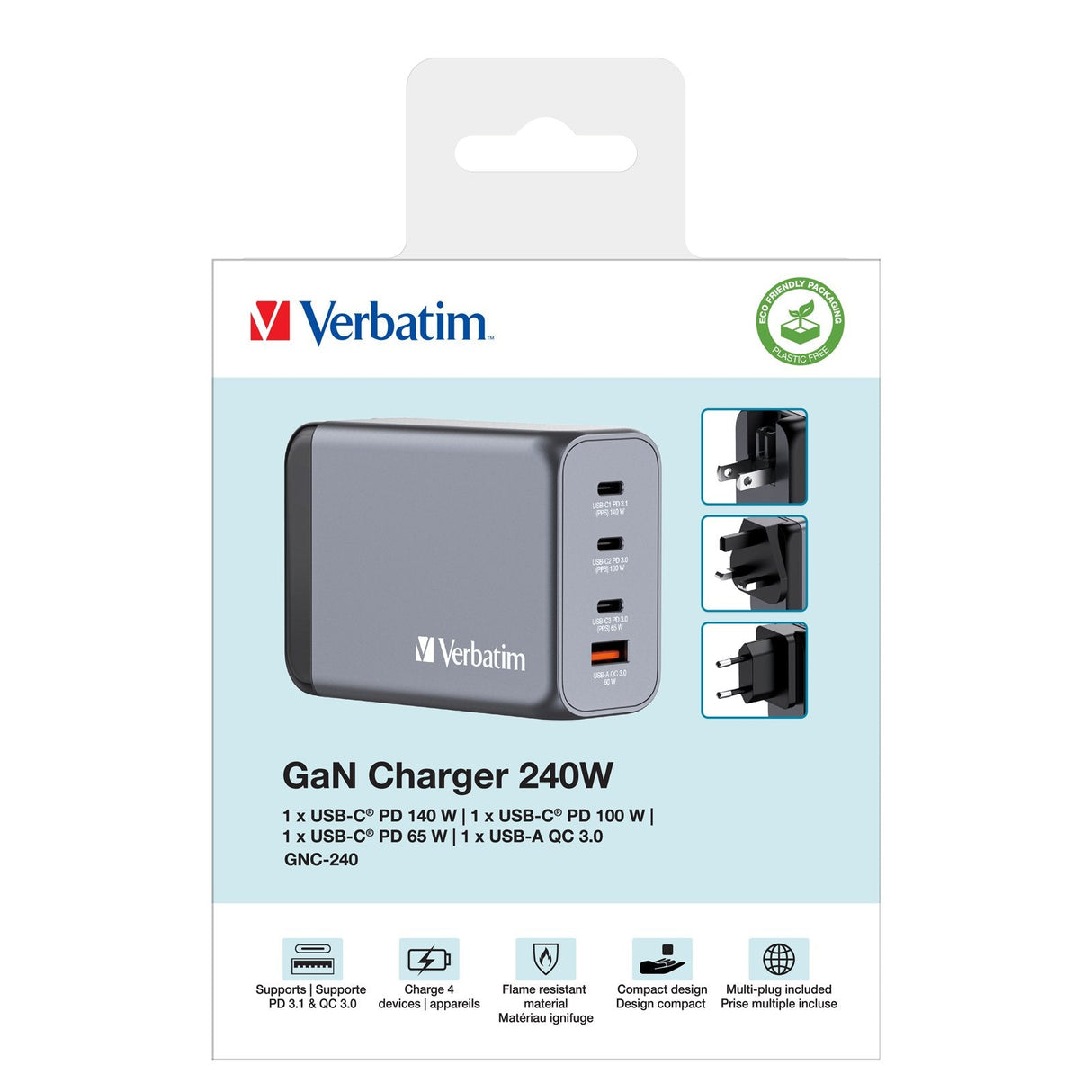 Cargador Gan De Pared Universal Verbatim Gnc-240 3xusb Tipo-C 1xusb 240w