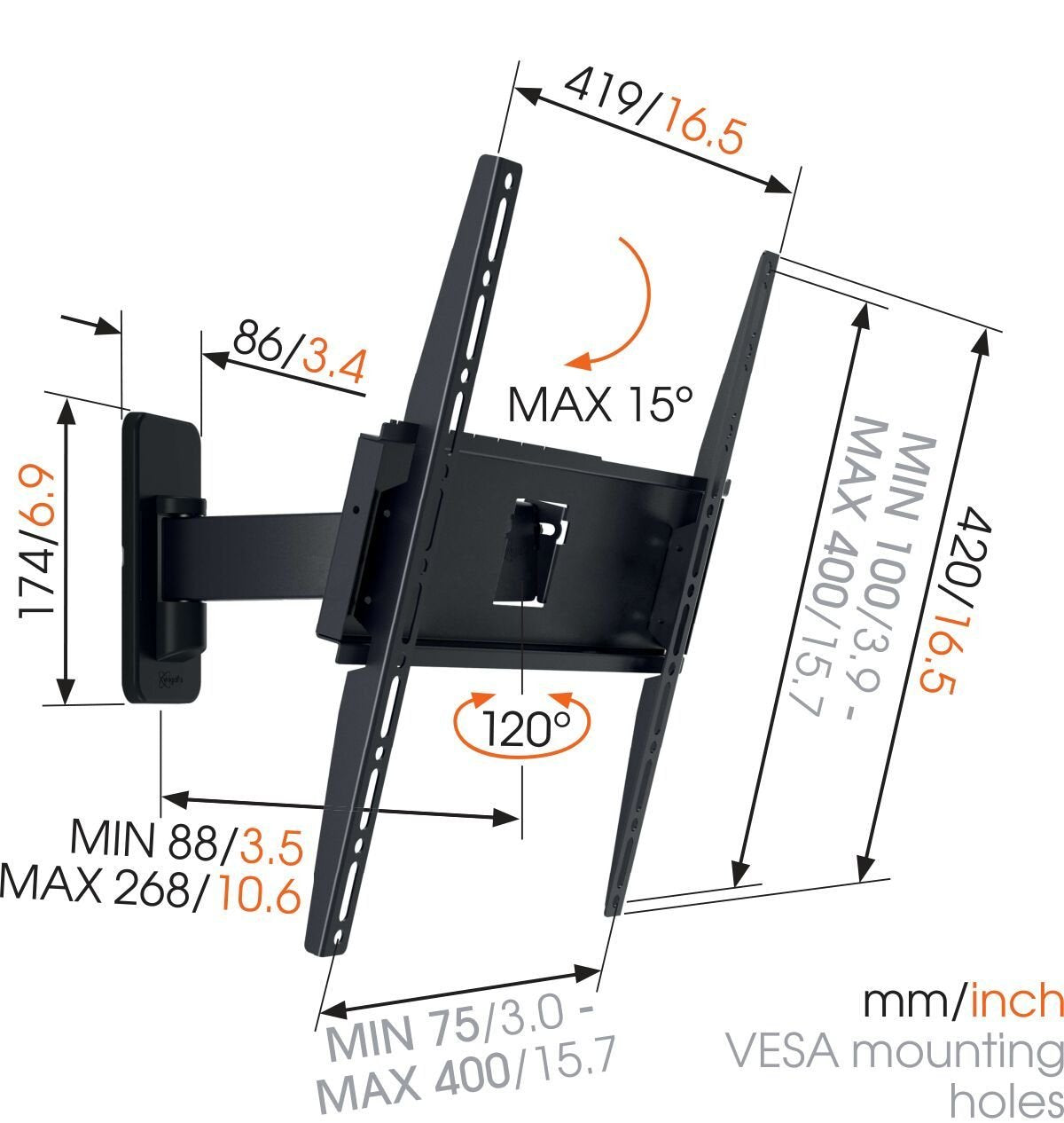 Vogel'S Ma3030-C1 Negro Soporte De Pared Para Tv De 32" A 65" Gira 120º Inclinable 15º