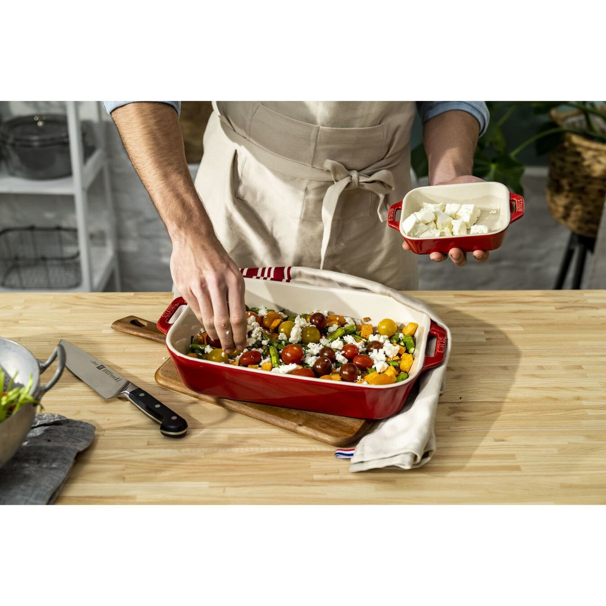 Staub 3-Piece Rectangular Ceramic Bakeware Set, Cherry Red