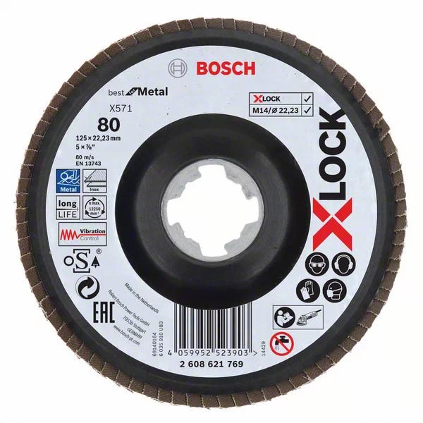 Arandela De Presión Dentada Bosch X-Lock X571 Best For Metal, Ø 125 Mm, K80, Muela Abrasiva (Diámetro Interior De 22,23 Mm, En Ángulo)