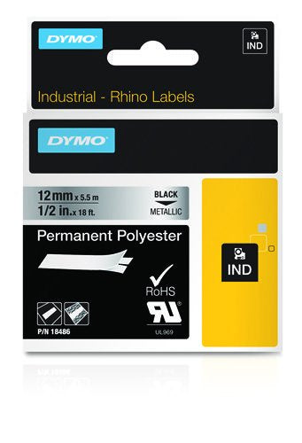 Dymo Rhino Cinta De Etiquetas Industrial Adhesiva Id1-12, Negro Sobre Plateado De 12mmx5´5m, Poliester (S0718180)