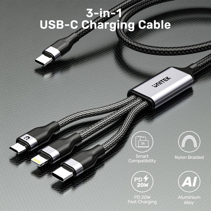 Cable Unitek C14101agy01-1.5m Usb-C 3in1 To Lightning Usb-C Micro Usb Multi Charging Black