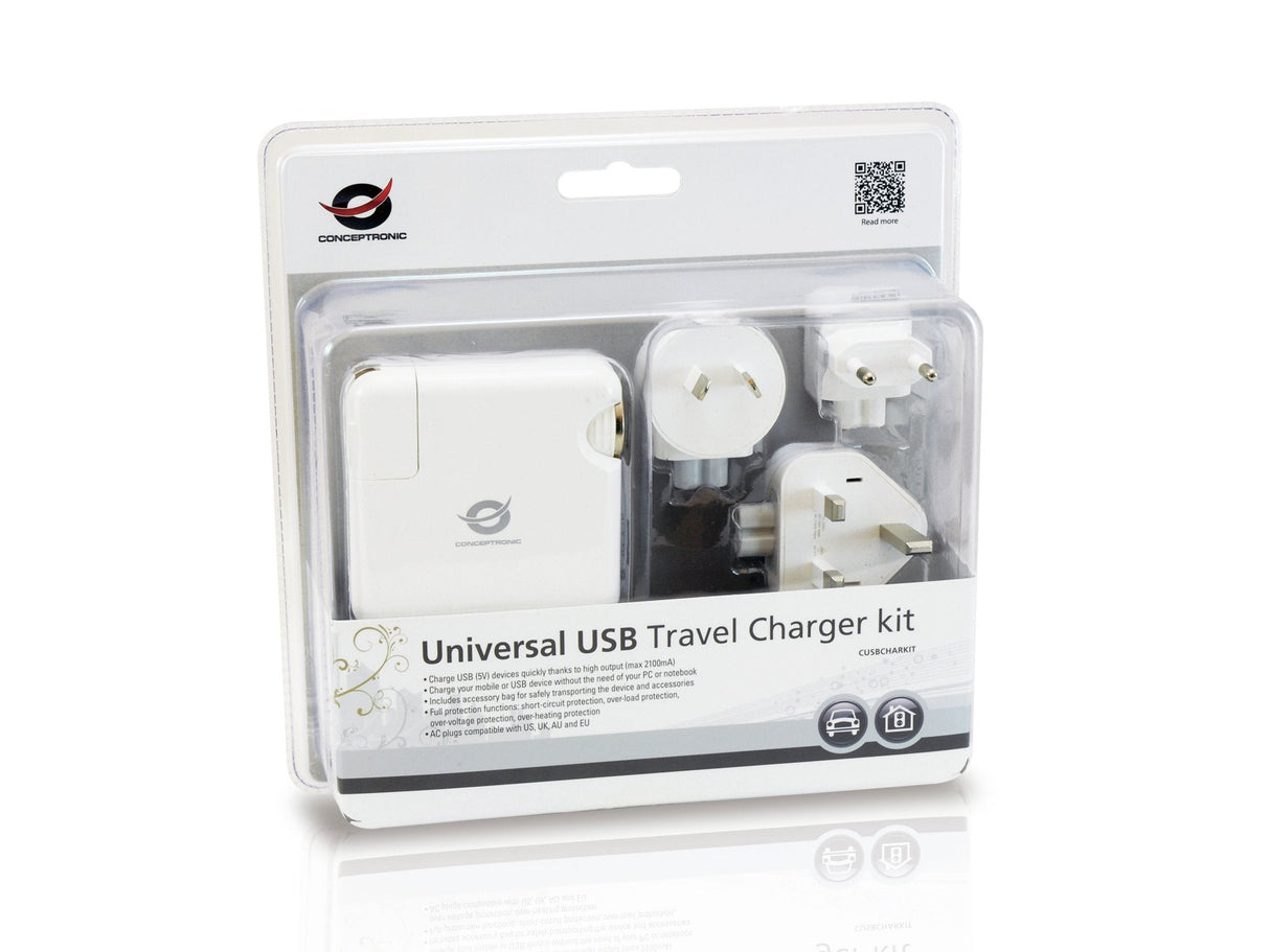 Conceptronic Kit Cargador De Viaje Universal Incluye Cargador Usb A Coche Y Pared Usb 5v 2a