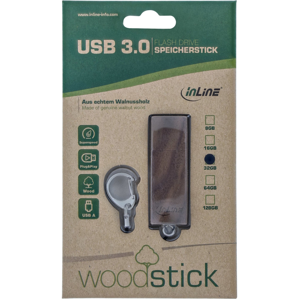 Unidad Flash Usb 3.0 Inline 8 Gb, Madera De Nogal, Con Llavero