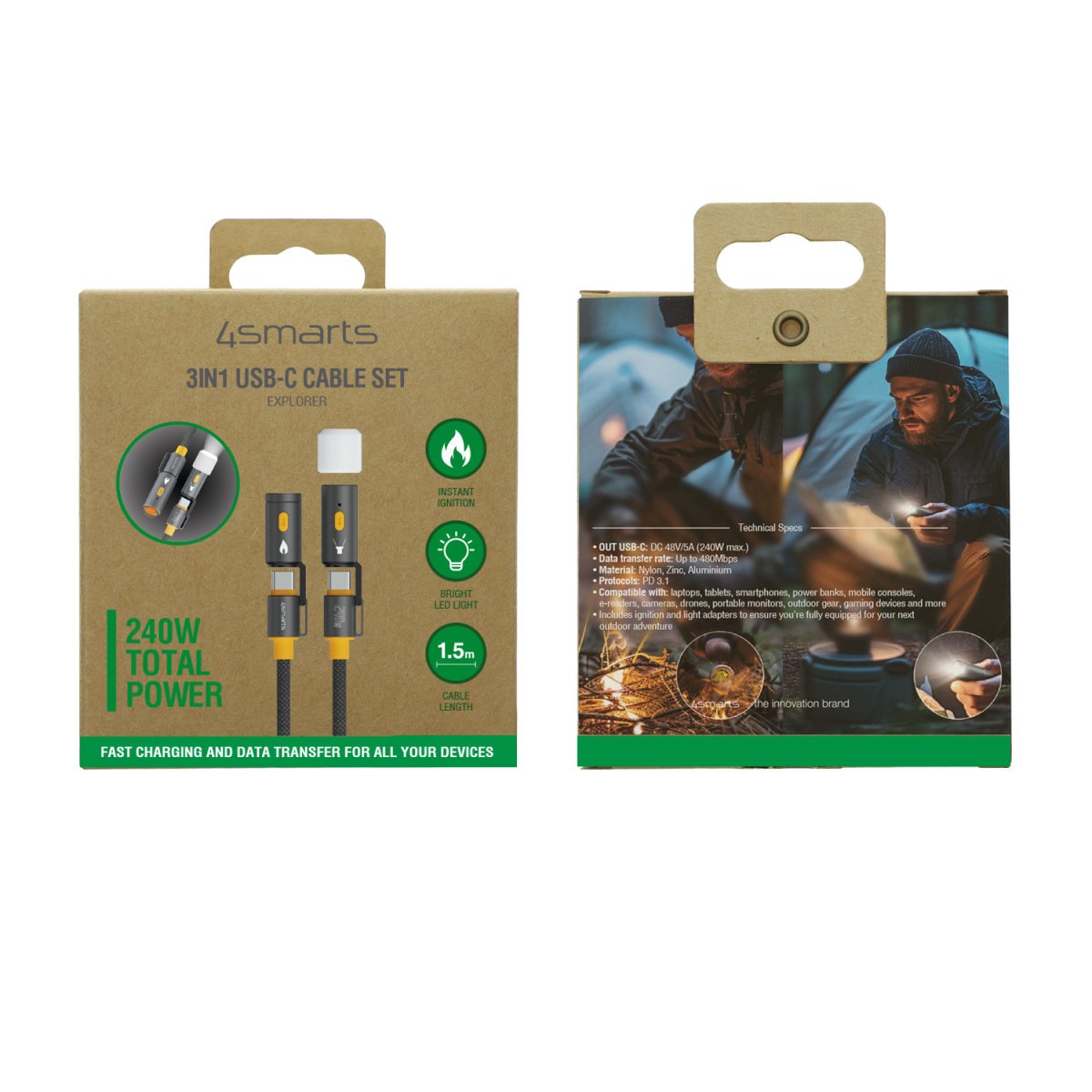 4smarts 3in1 Usb-C Cableset Explorer 240w 1,5m Schwarz