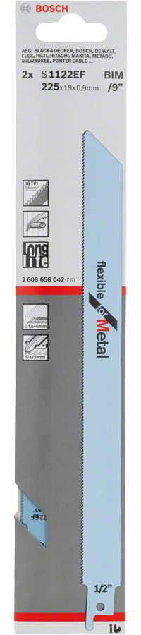 Hoja De Sierra De Sable Bosch Professional S 1122 Ef Flexible Para Metal, 2 Piezas De Longitud 225 Mm 2608656042