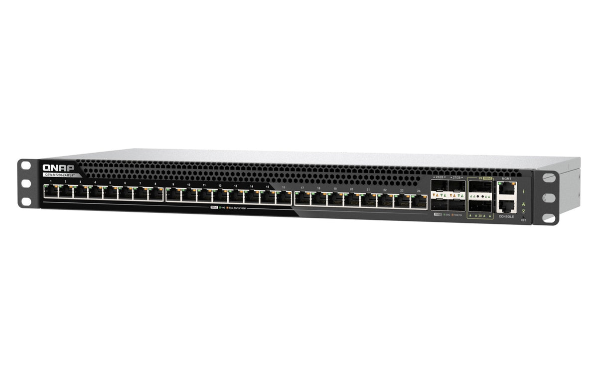 Qnap Qsw-M7230-2x4f24t Conmutador 2 X 100 Gigabit Qsfp28 + 4 X 25 Gigabit Sfp28 Montable En Rack Para Qnap Cab-Dac50m-Sfpp Trx-10gitsfpp-Sr Trx-25gsfp28-Sr