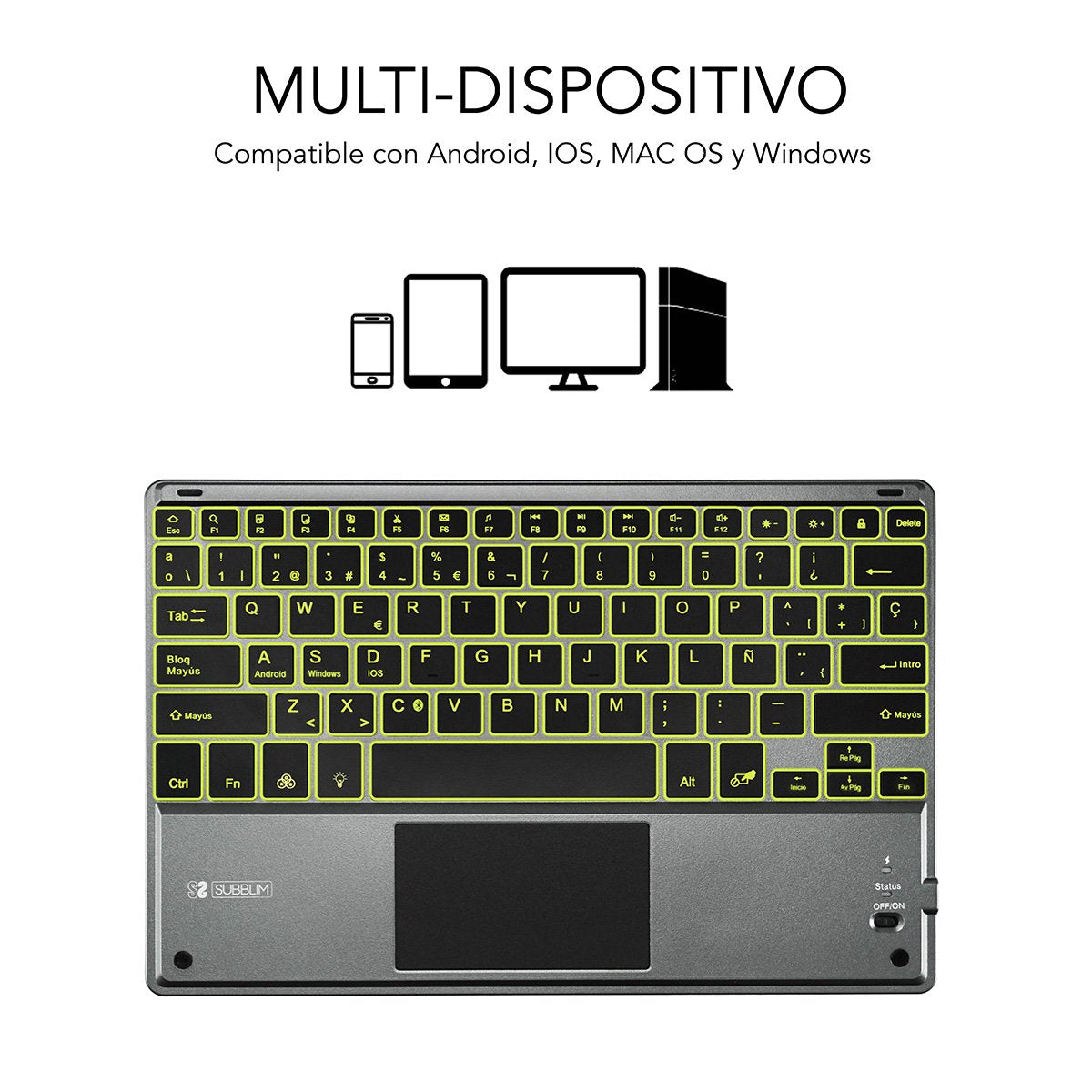 Teclado Bluetooth Subblim Smbt51 Con Touchpad Smart Blacklit Grey Bt 3.0 Teclas Iluminadas Batería 420mah Compatible Multidispositivo