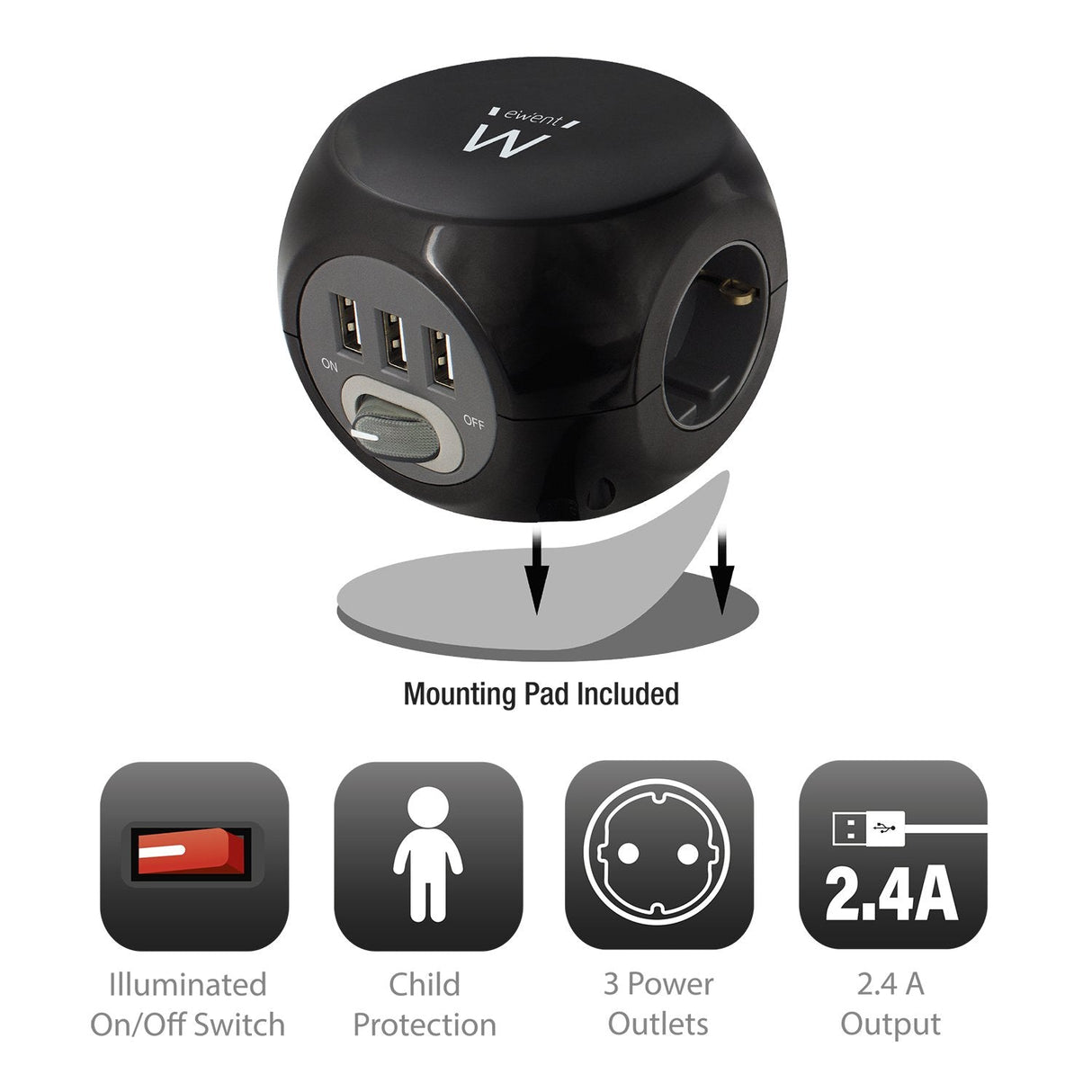 Ewent Ew3938 Regleta Cubo 3 Tomas Shucko + 3 Usb