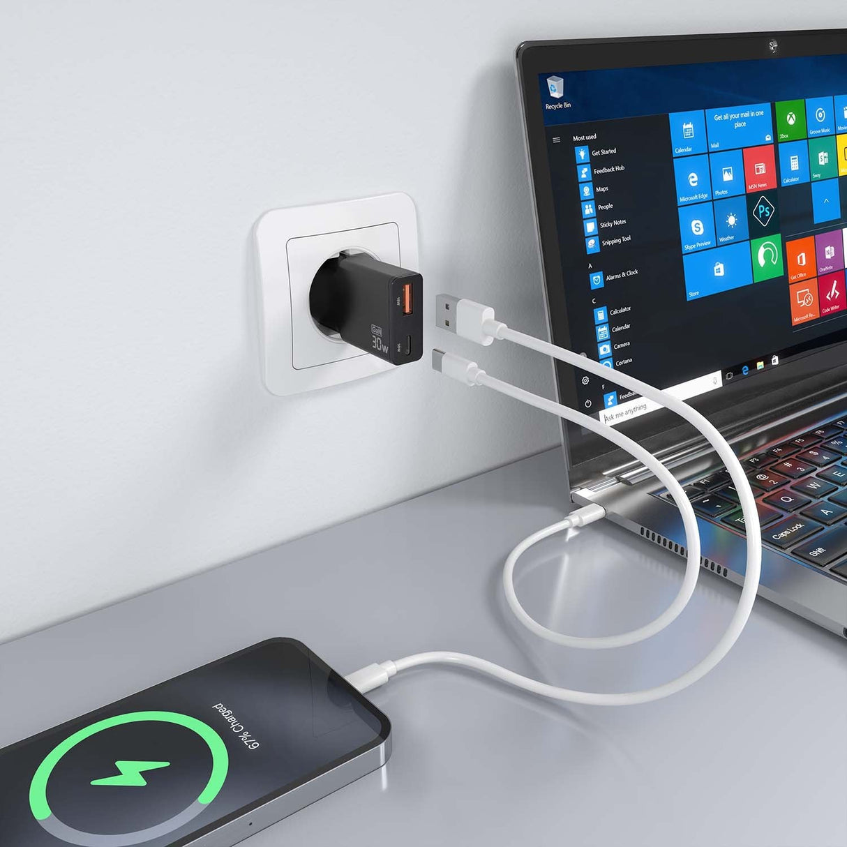 Aisens Cargador Gan Ultra Delgado 30w, 1xusb-C Pd3.0 Qc4.0, 1xusb-A Qc3.0, Negro