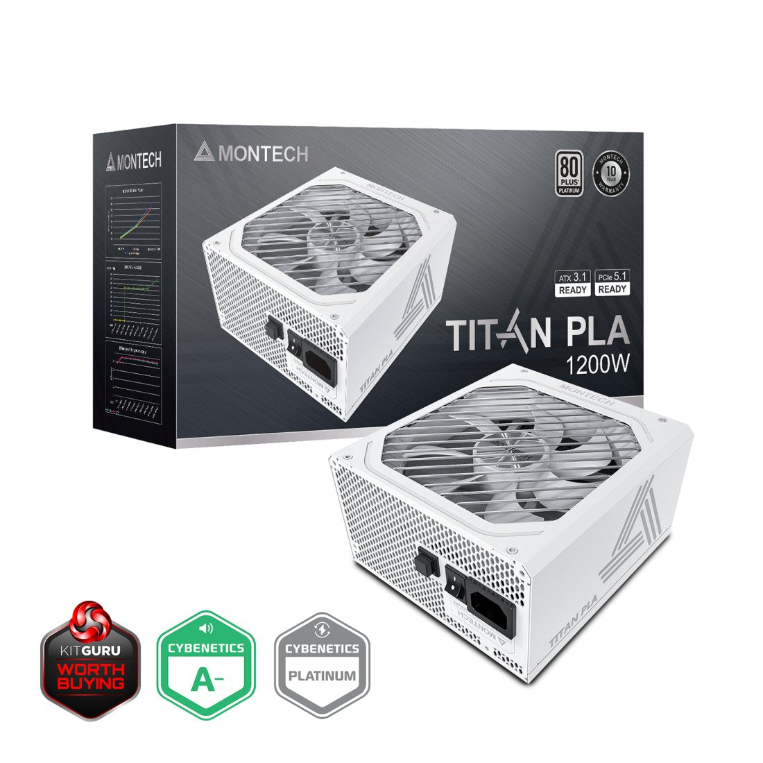 Montech Titan Pla 1200w - 80 Plus & Cybenetics Platinum Netzteil, Modular, Pcie 5.1 - 1200 Watt, Weiss