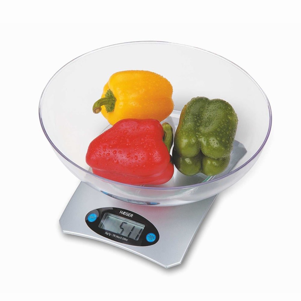 Báscula De Cocina Haeger Santini Hasta 5000g Precisión 1g Lcd Fácil Visionado Función Tara Bol Medidor En Cristal