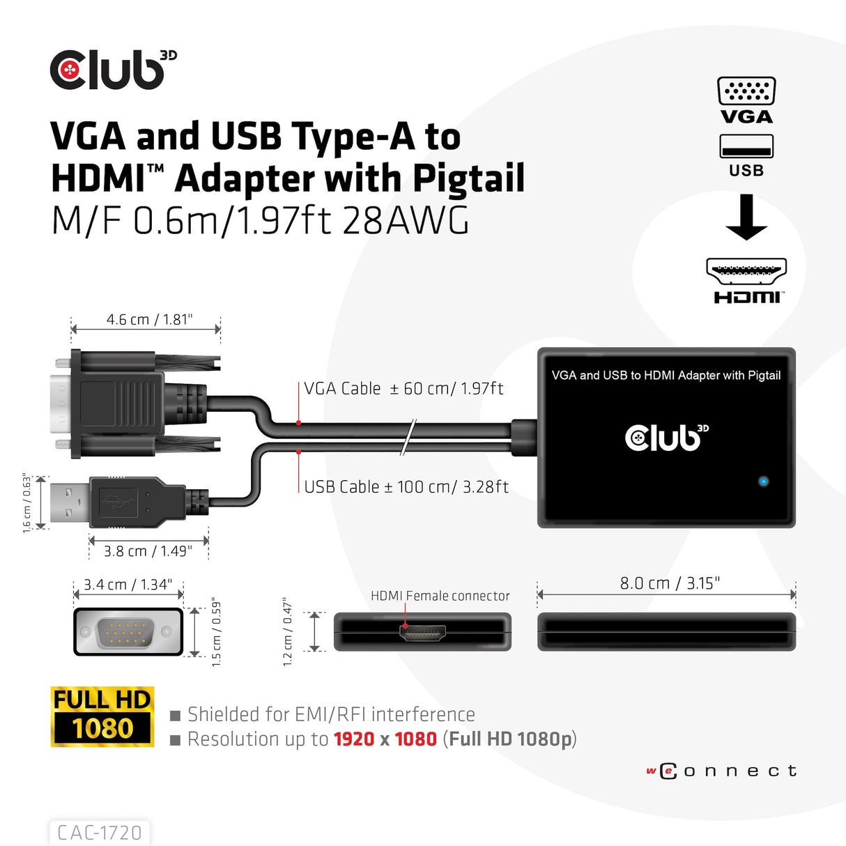 EAN 8719214472214 - CLUB3D CAC-1720 adaptador de cable de vídeo 0,6 m HDMI tipo A (Estándar) VGA (D-Sub) + USB Negro imagen 3