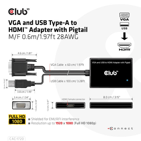 EAN 8719214472214 - CLUB3D CAC-1720 adaptador de cable de vídeo 0,6 m HDMI tipo A (Estándar) VGA (D-Sub) + USB Negro imagen 3