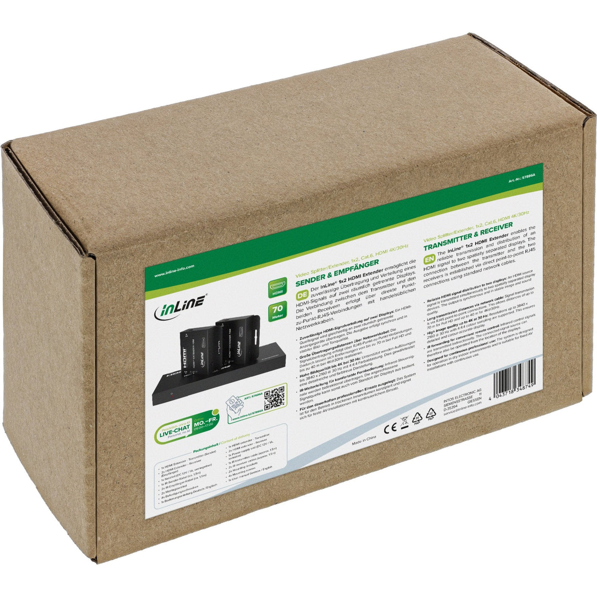 Video Splitter/Extender,1x2, Cat.6, Hdmi 4k/30hz, Kit Con 2 Receptores Inline