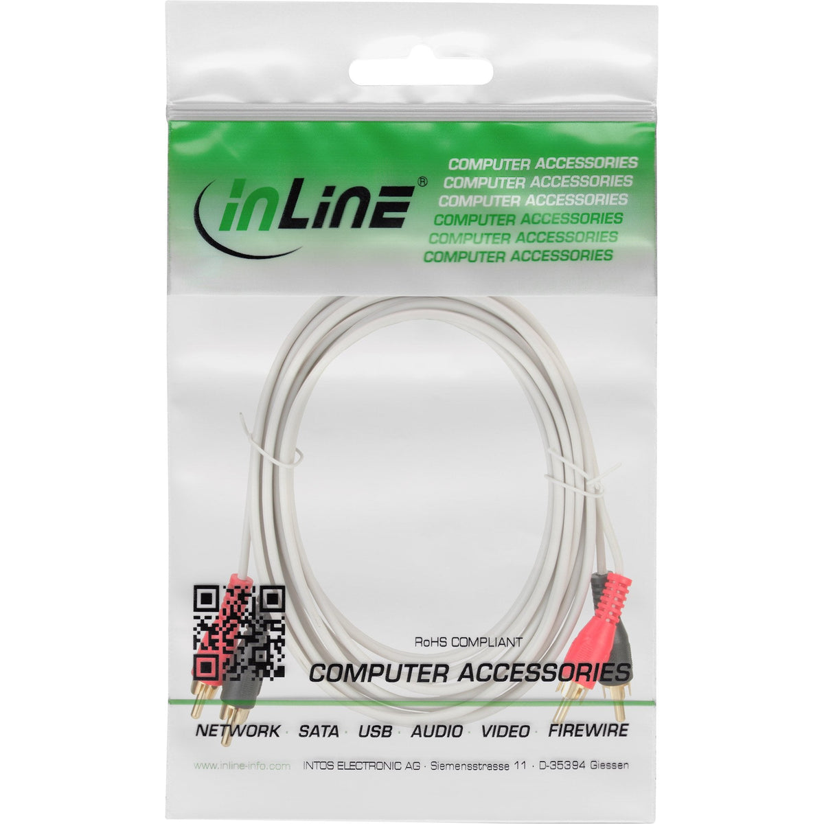 Cable De Audio Inline 2x Rca Macho A Macho Blanco/Dorado 2m