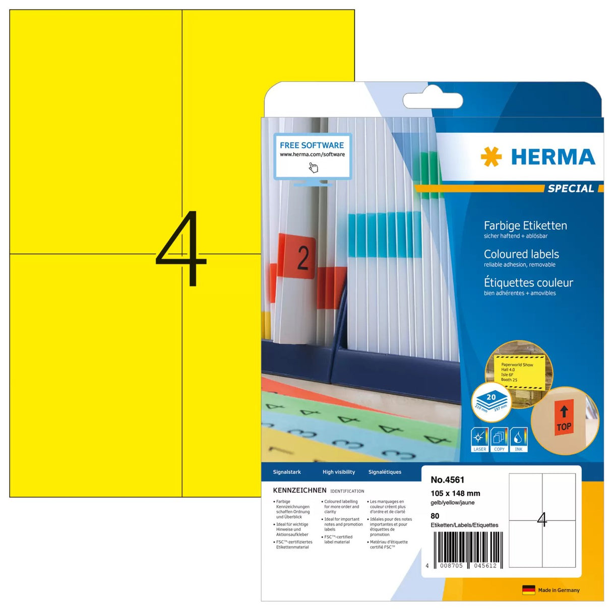EAN 4008705045612 - HERMA 4561 etiqueta autoadhesiva Rectángulo Amarillo 80 pieza(s) imagen 1
