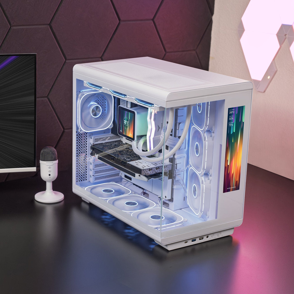 Caja Pc  Atx Mars Gaming Mc-Revmaxw Pantalla Lcd 11.8" Cristal Templado 4x Ventiladores Argb Blanco
