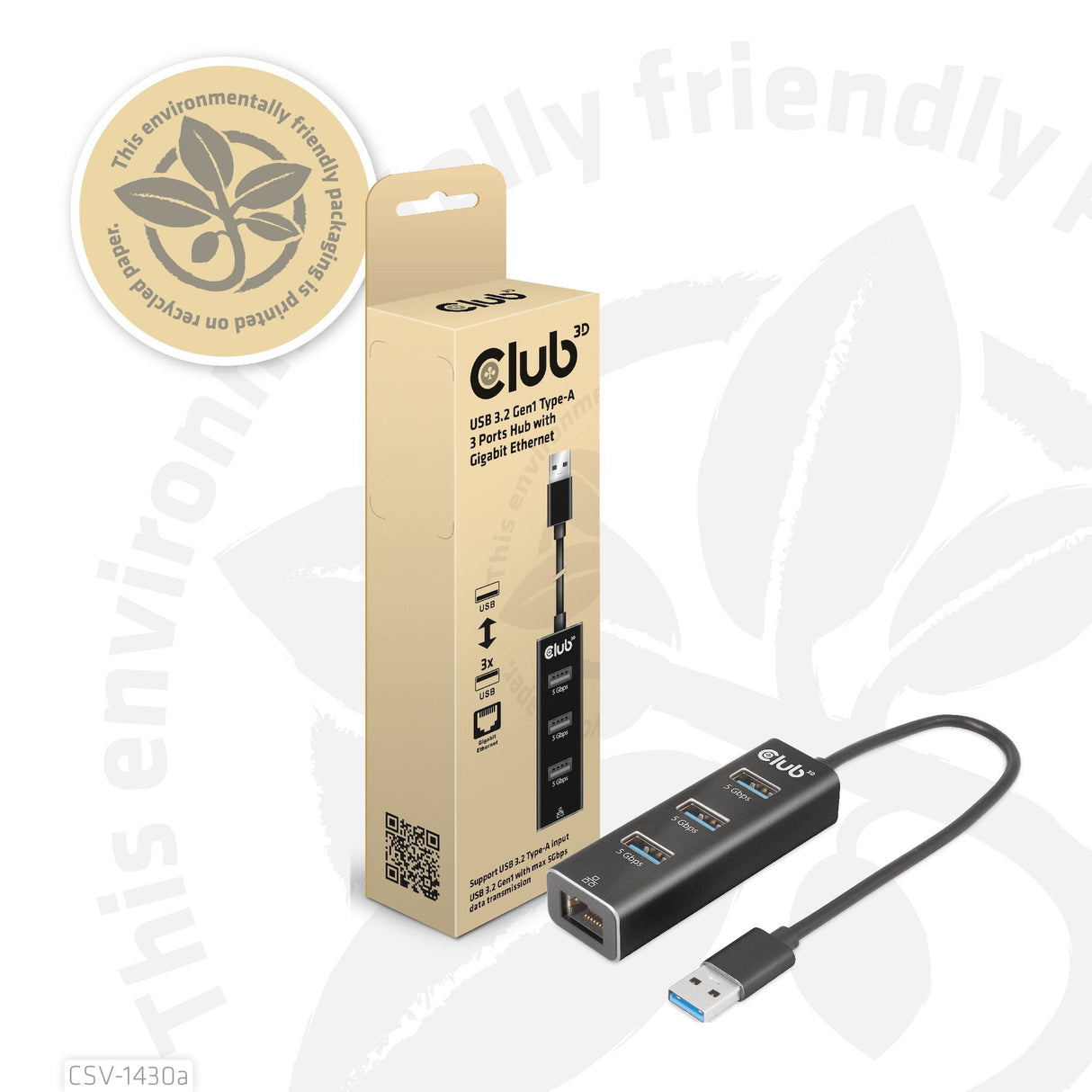 Club3d Usb 3.2 Gen1 Tipo-A, Hub De 3 Puertos Con Gigabit Ethernet