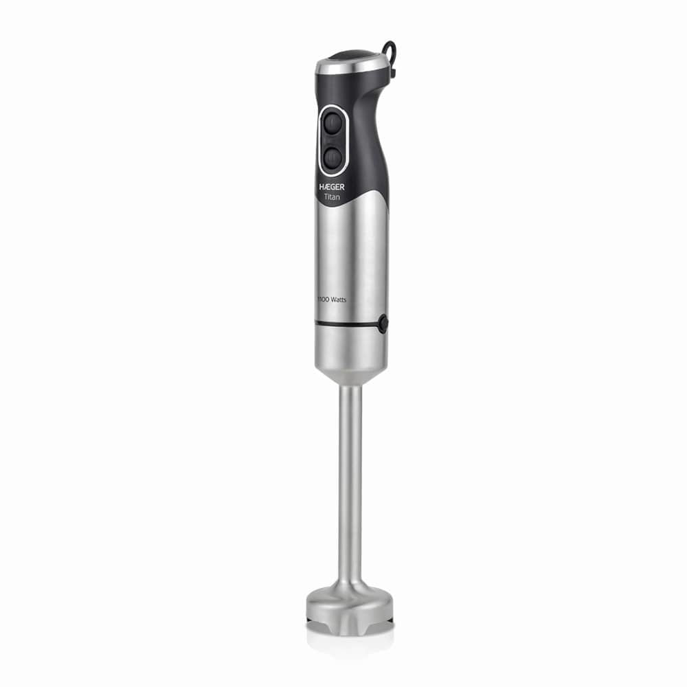 Batidora Haeger Titán 1100w 2 Interruptores Toque Fácil Función Turbo Eje Desmontable Pie Acero Inox Hoja Titanio 5.4cm