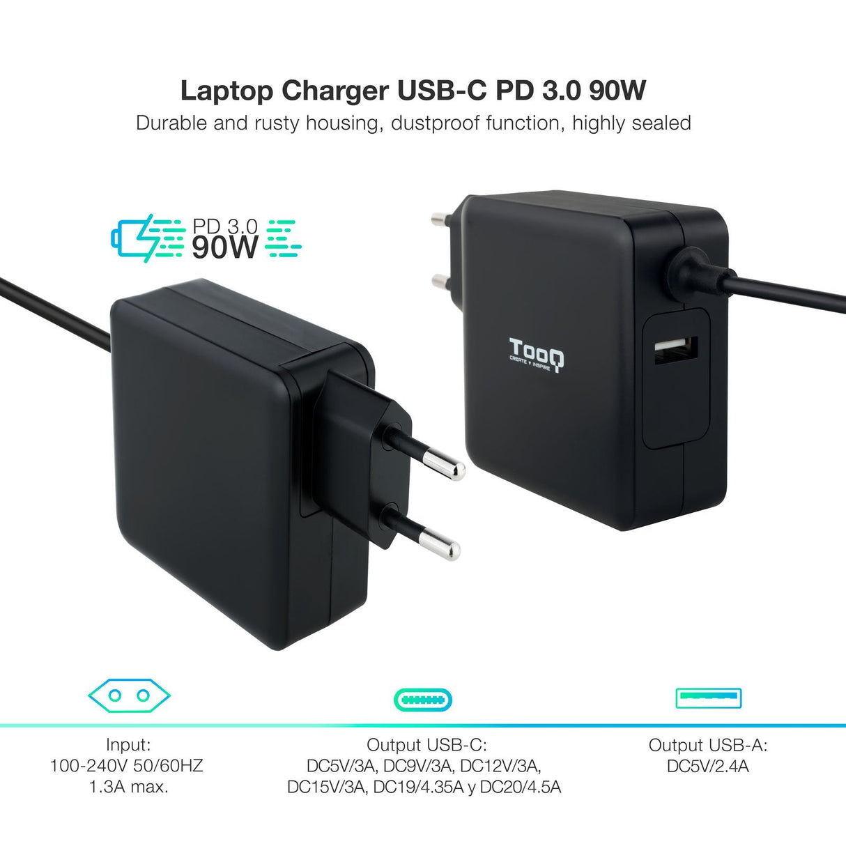 Tooq Cargador Universal Para Portatil 90w Usb-C - Compatible Con Pd - Cable De 1.80m