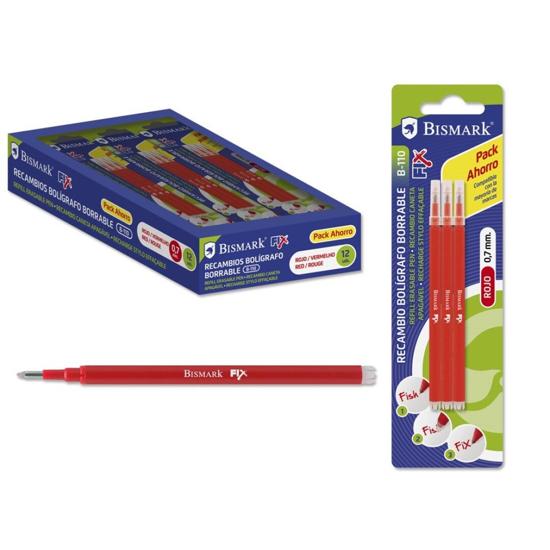 Bismark Fix Pack De 3 Recambios Para Boligrafo Borrable - Punta Fina 0.7mm - Color Rojo