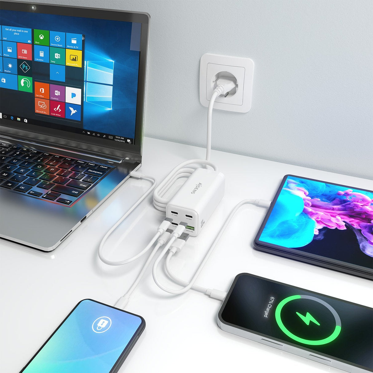 Aisens Cargador Sobremesa Gan 100w, 3xusb-C Pd3.0 Qc4.0 Qc5.0, 1xusb-A Qc3.0, Blanco
