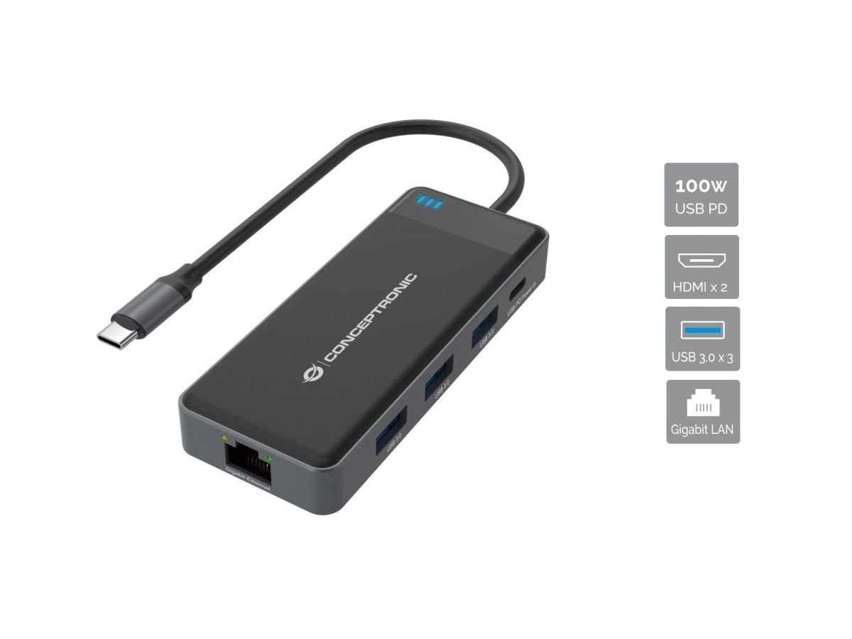 Adaptador Usb-C 7in1 Conceptronic Hdmix2  Usb-C Pd 100w Usb-A  Rj45 Gigabit Donn14g