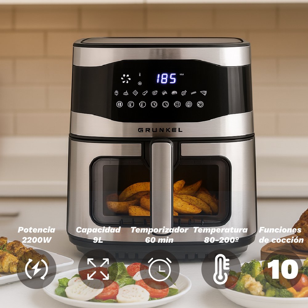 Freidora Por Aire Airfryer Sin Aceite Grunkel Maxisteelfryer 2200w Capacidad 9l