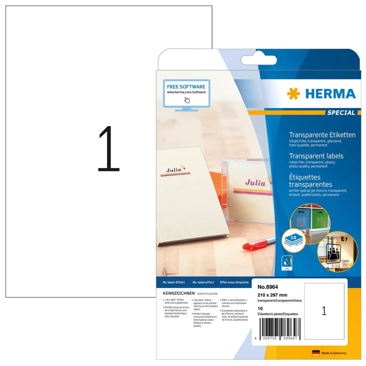 EAN 4008705089647 - HERMA 8964 etiqueta de impresora Transparente Etiqueta para impresora autoadhesiva imagen 1