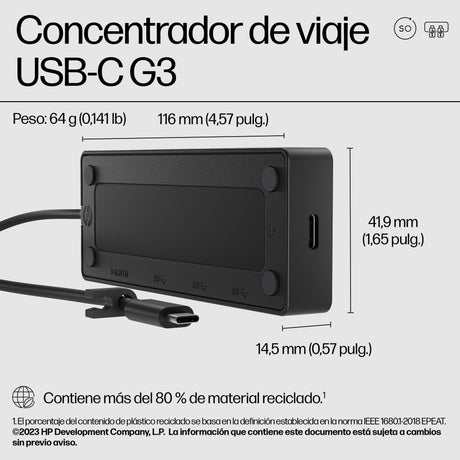 EAN 0197497618105 - HP USB-C Travel Hub G3 Acoplamiento USB 3.2 Gen 1 (3.1 Gen 1) Type-C Negro imagen 5