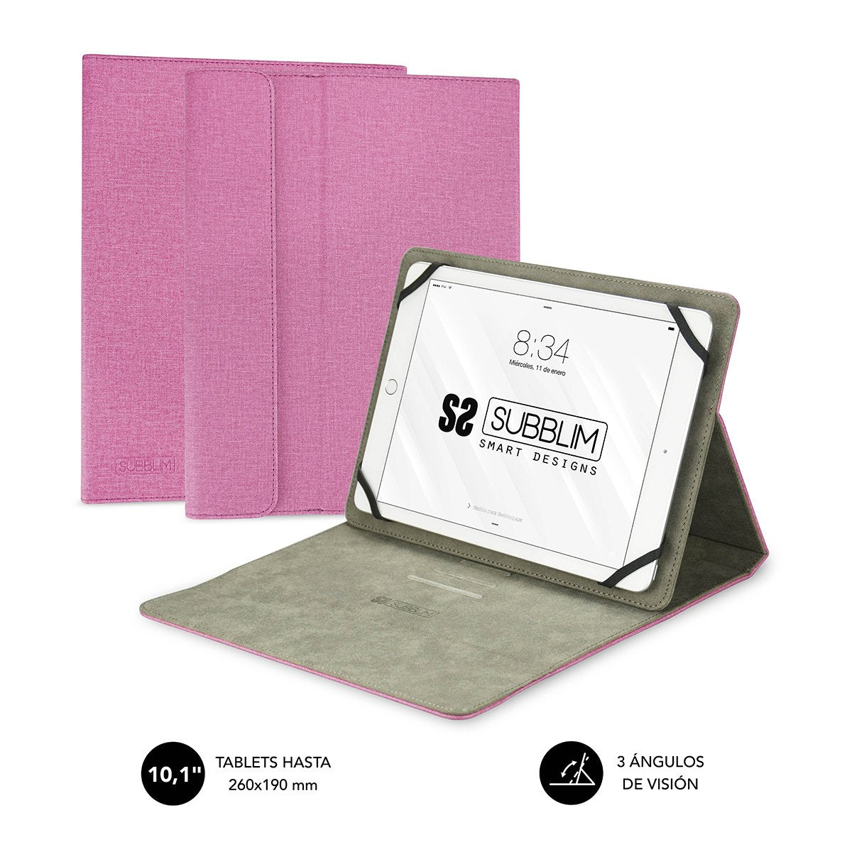 Funda Universal Subblim Clever Stand Para Tablet Hasta 10.1'/25.6cm Pink Material Exterior Acabado Cloth Interior Aterciopelado