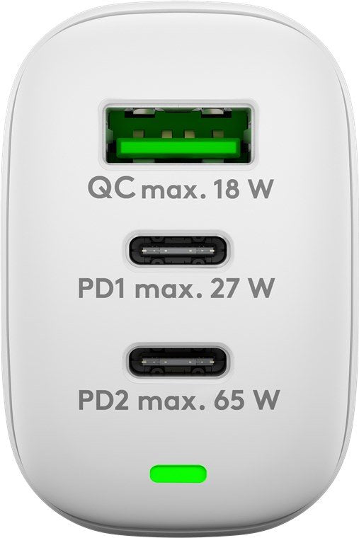 Cargador  65w Usb 3 Puert. 2 X Usb-C 1 X Usb-A Blanco Gan Pd Qc3.0 Salida Lateral Goobay