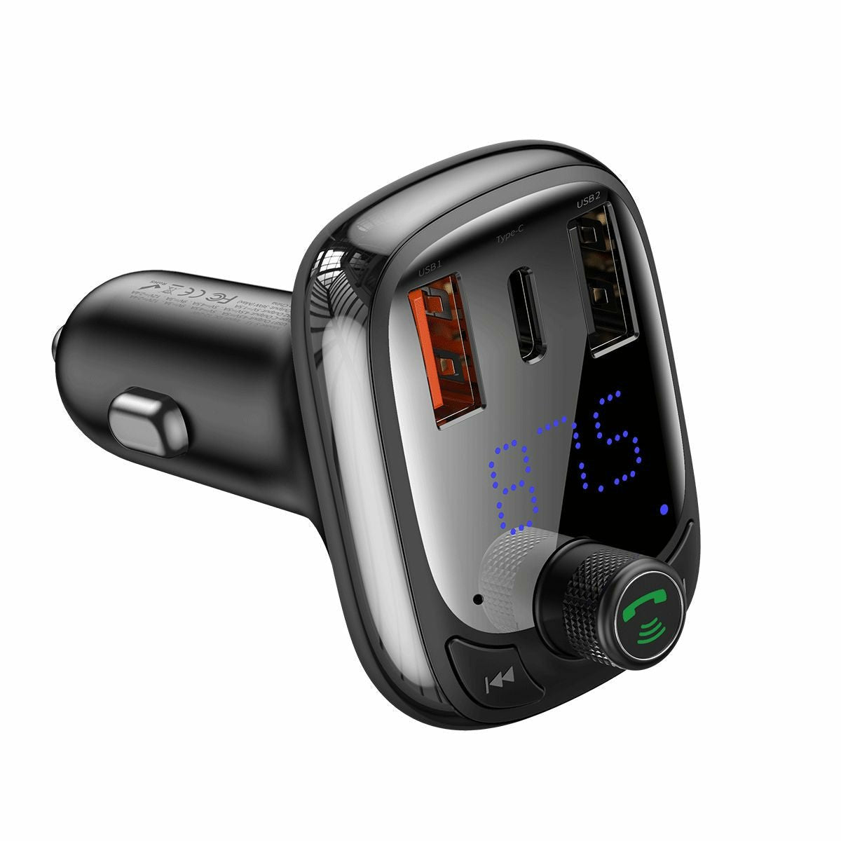 Baseus Car Charger Bluetooth Fm Transmitter S-13, Bt. 5.0, 10m Range, Usb-A Qc 12v/ 2.4a, Usb-A 5v/ 1.5a, Type-C 12v/ 2.4a, Black (Ccmt000101)