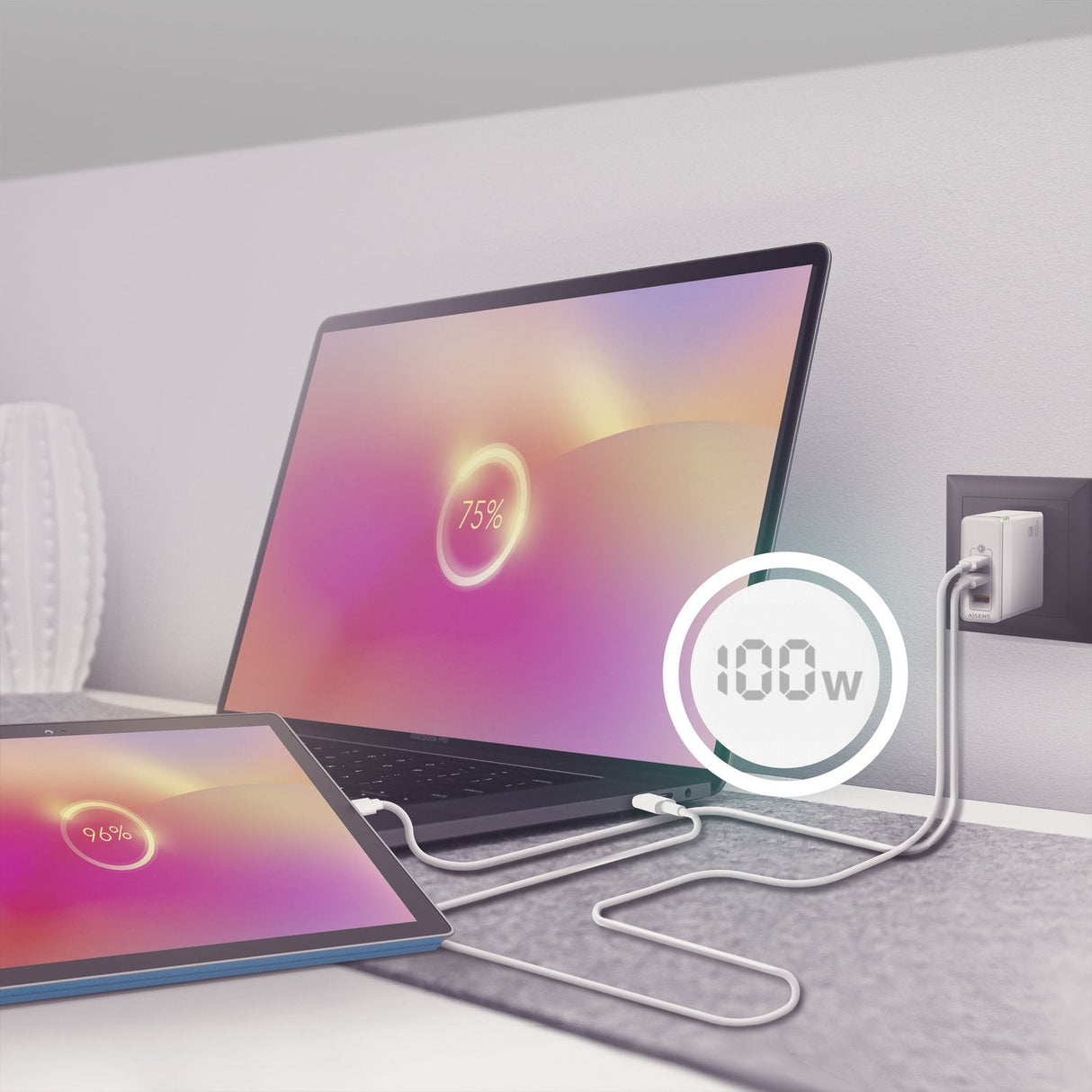 Aisens Cargador Gan 100w - 2xusb-C Pd3.0 Qc4.0 Qc5.0 - 1xusb-A Qc3.0 - Blanco