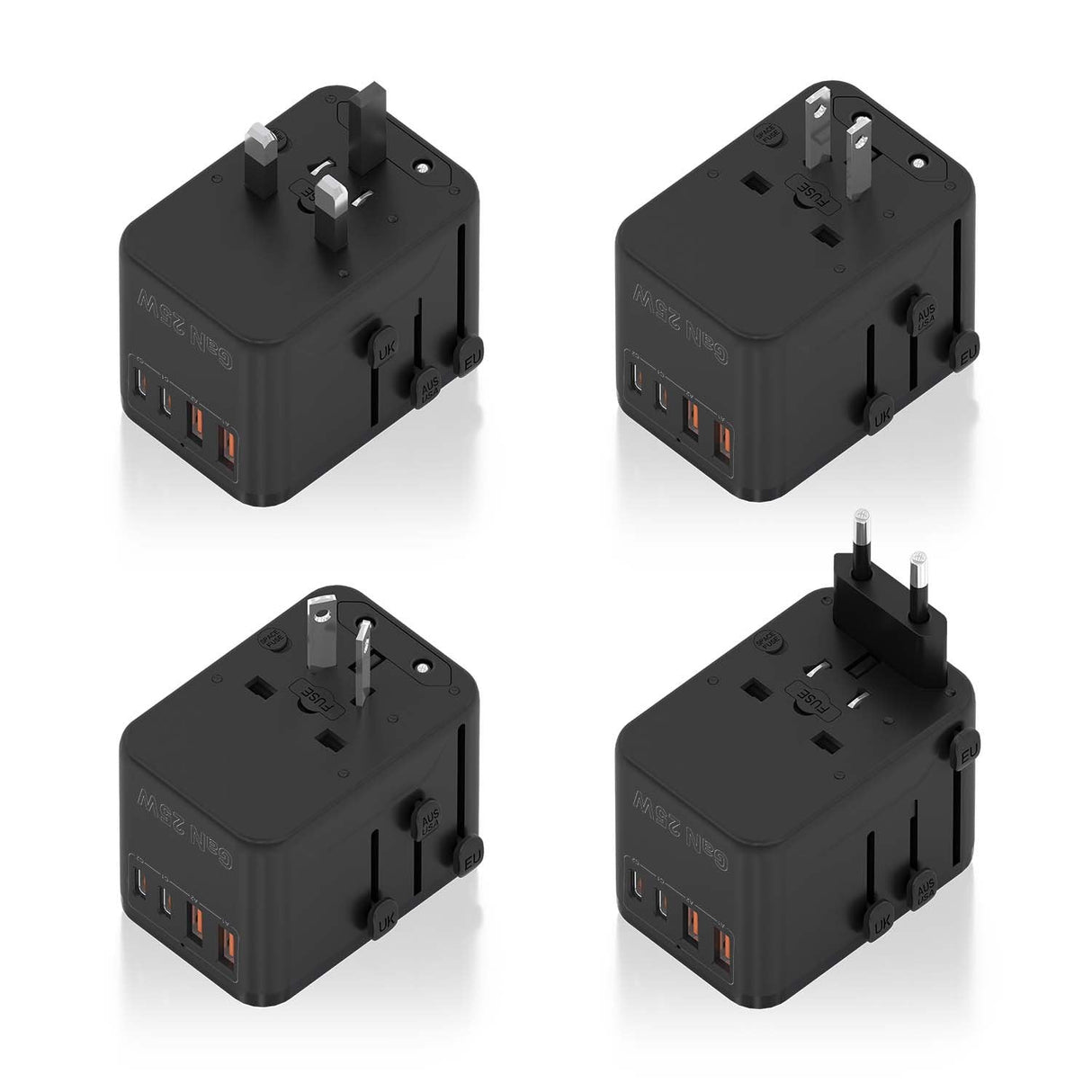 Aisens Adaptador Enchufe Universal Para Viaje Eu/Usa/Uk/Au Con Cargador Usb Gan, 2xusb-A Qc3.0, 2xusb-C Pd3.0 25w, Negro