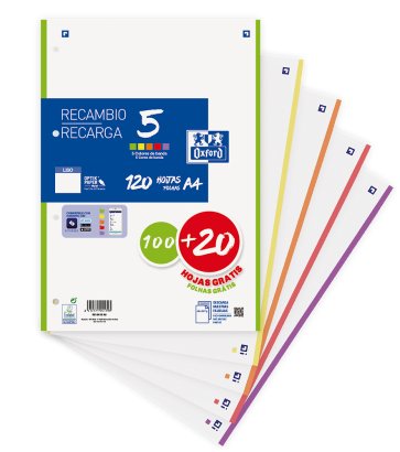 Oxford Recambio 100h + 20h Gratis 4 Taladros A4 90gr Liso 5 Bandas C/Surtidos Vivos