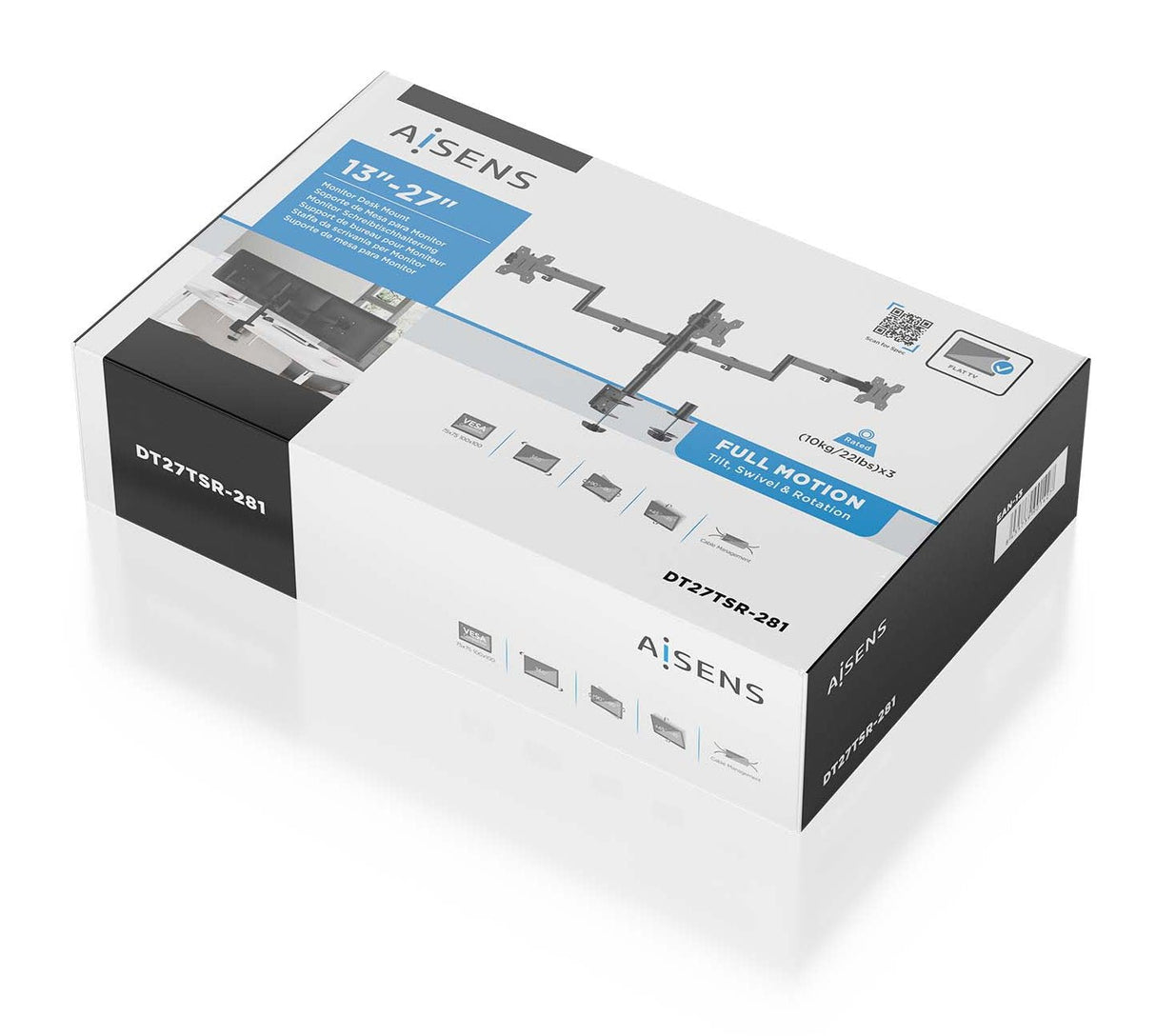 Aisens Soporte De Mesa Eco Giratorio E Inclinable Para 3 Monitores 10kg (3 Pivotes, 2 Brazos) De 13-27, Negro