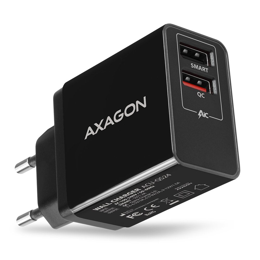 Axagon Acu-Qs24, Cargador De Red RãPido E Inteligente, 2x Puerto Usb Qc3.0 / Afc / Fcp + 5v-1.2a, 24w