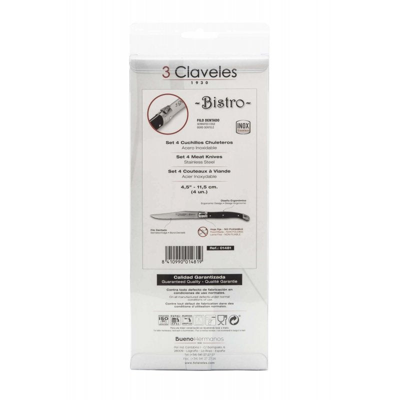 3 Claveles - Set De 4 Cuchillos Chuleteros 11.5 Cm. Gama Bistro. Ref. 01481