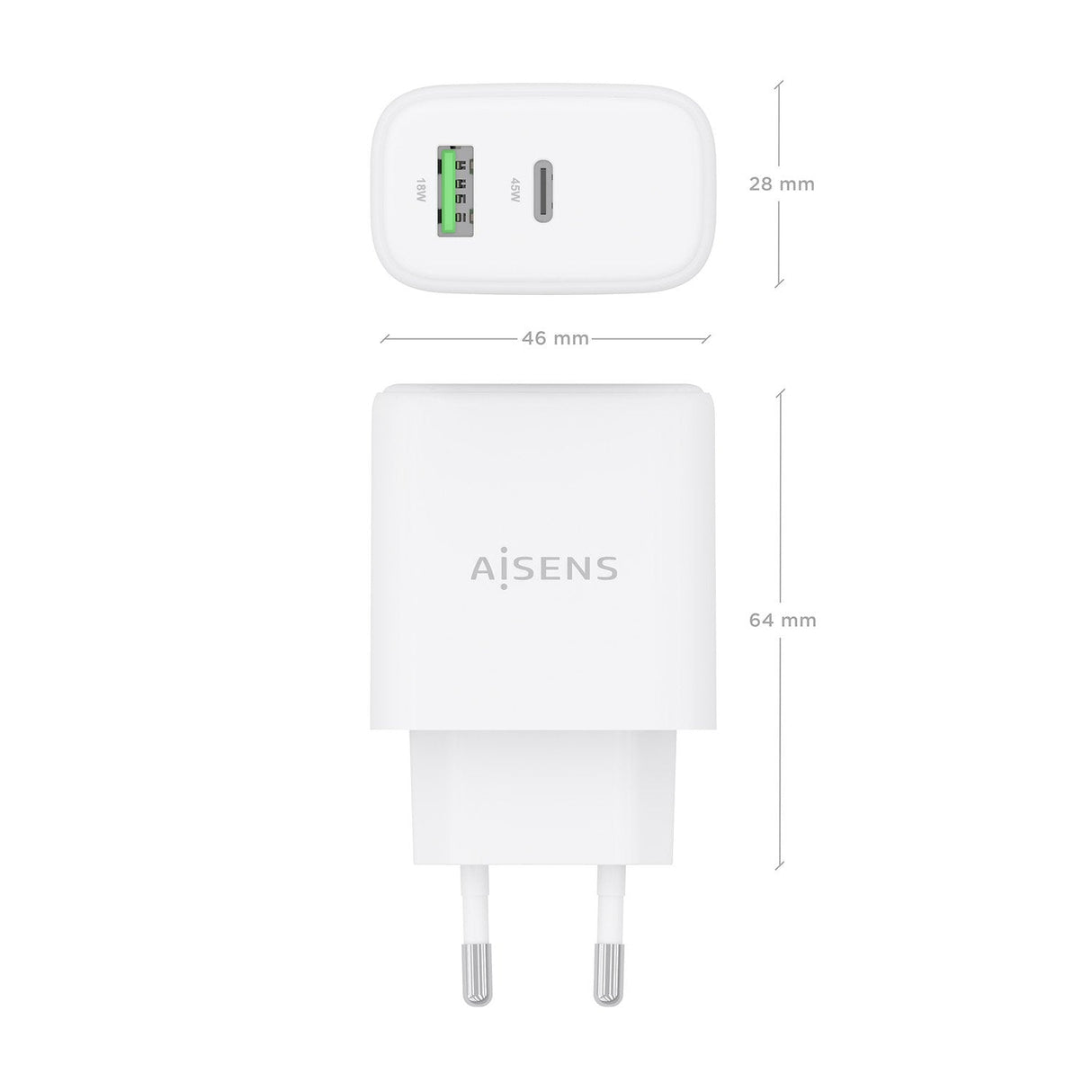 Aisens Cargador Gan 45w, 1xusb-C Pd3.0 Qc4.0, 1xusb-A Qc3.0, Blanco