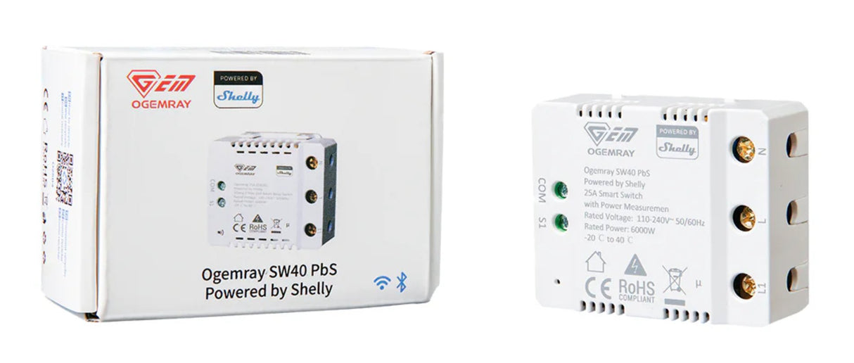 Shelly Pbs · \"Ogemray Smart Relay 25a\" · Grossgeräte Relais · Max. 25a · Messfunktion · Wlan · Lan · Bt · Sw40-25a-Relay-Pbs