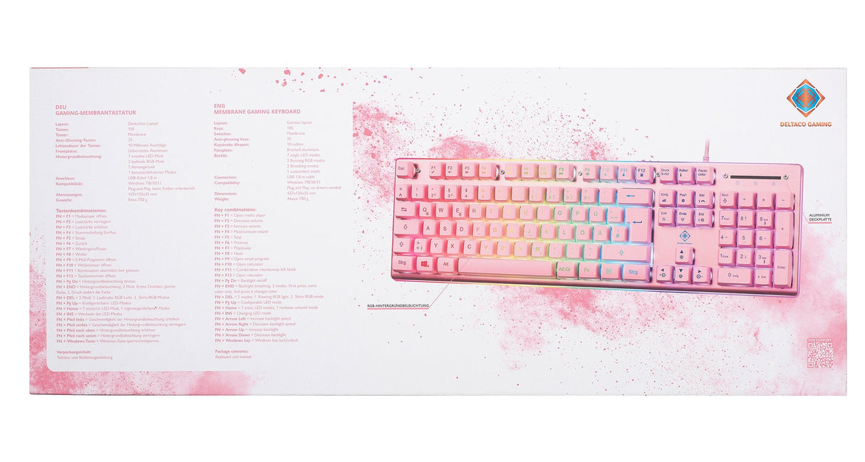 Teclado Alemán Deltaco Gam-021-Rgb-P-De Juego Usb Qwertz Rosa