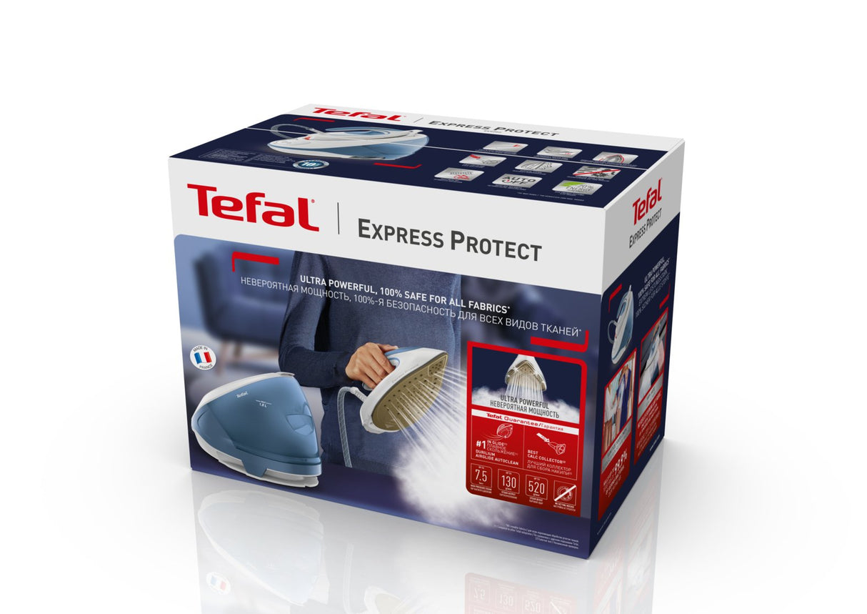 Tefal Express Protect Sv9202e0 Estación Plancha Al Vapor 2800 W 1,8 L Durilium Airglide Autoclean Soleplate Blanco, Azul, Estación De Planchado A Vapor Blanco/Azul, 2800 W, 130 G/Min, Durilium Airglide Autoclean Soleplate, 7,5 Bar, 1,8 L, 5